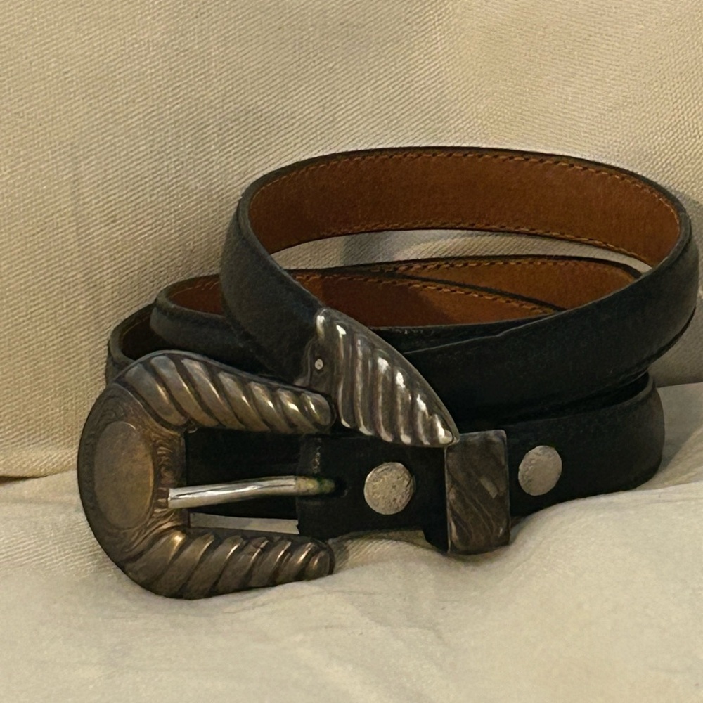 Vtg Al Beres U.S.A. Wage Sterling Silver Overlay Black Western Belt Size 36